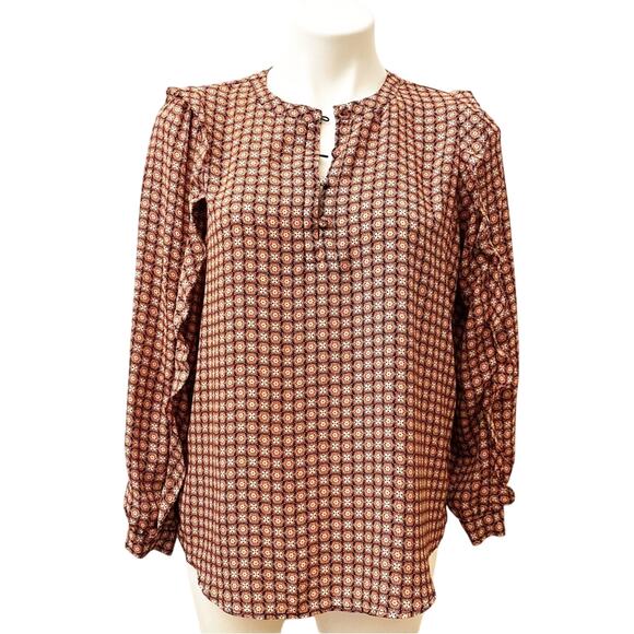 Ann Taylor Loft Petite Long Sleeve Blouse sz SP medallion print ruffle sleeve - Picture 1 of 6